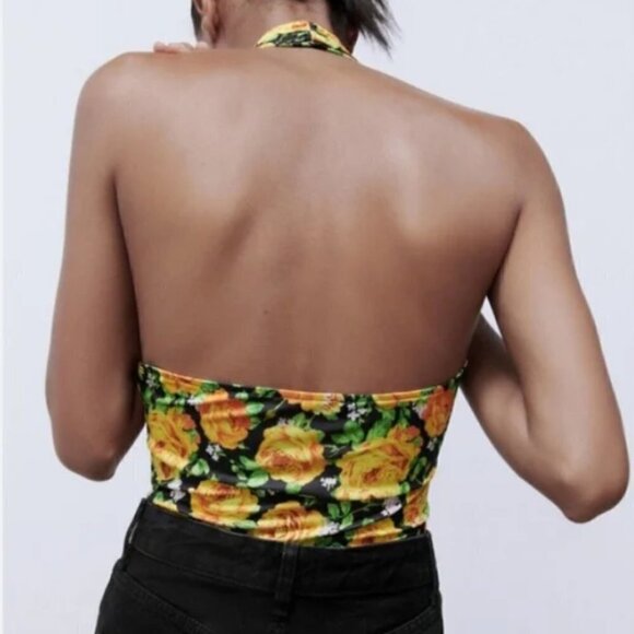 Zara NWT Women's Yellow Multi Floral Cross Twist Neck Halter Top Bodysuit Small - Picture 4 of 14